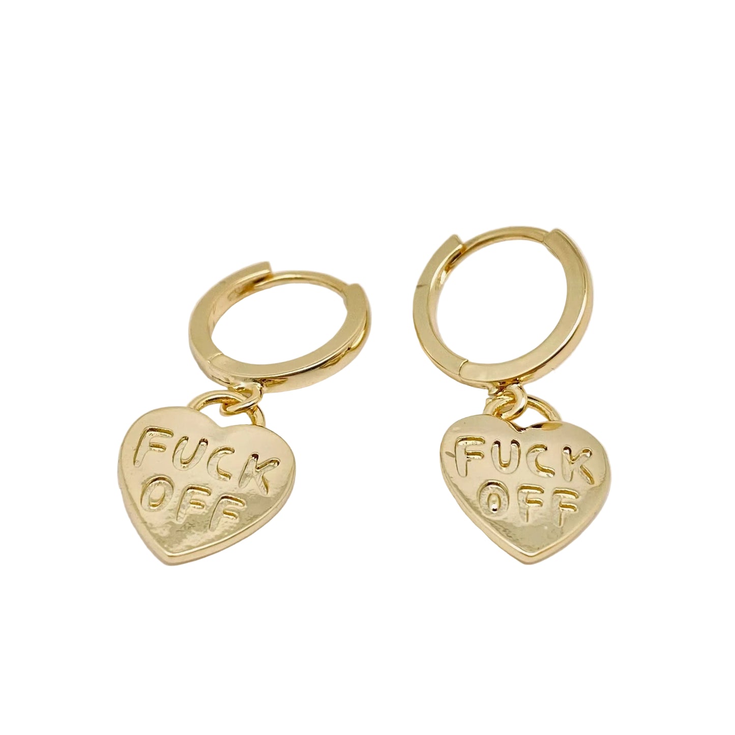 "Fuck off" Heart-shaped Gold Plated Huggie Earrings: Golden