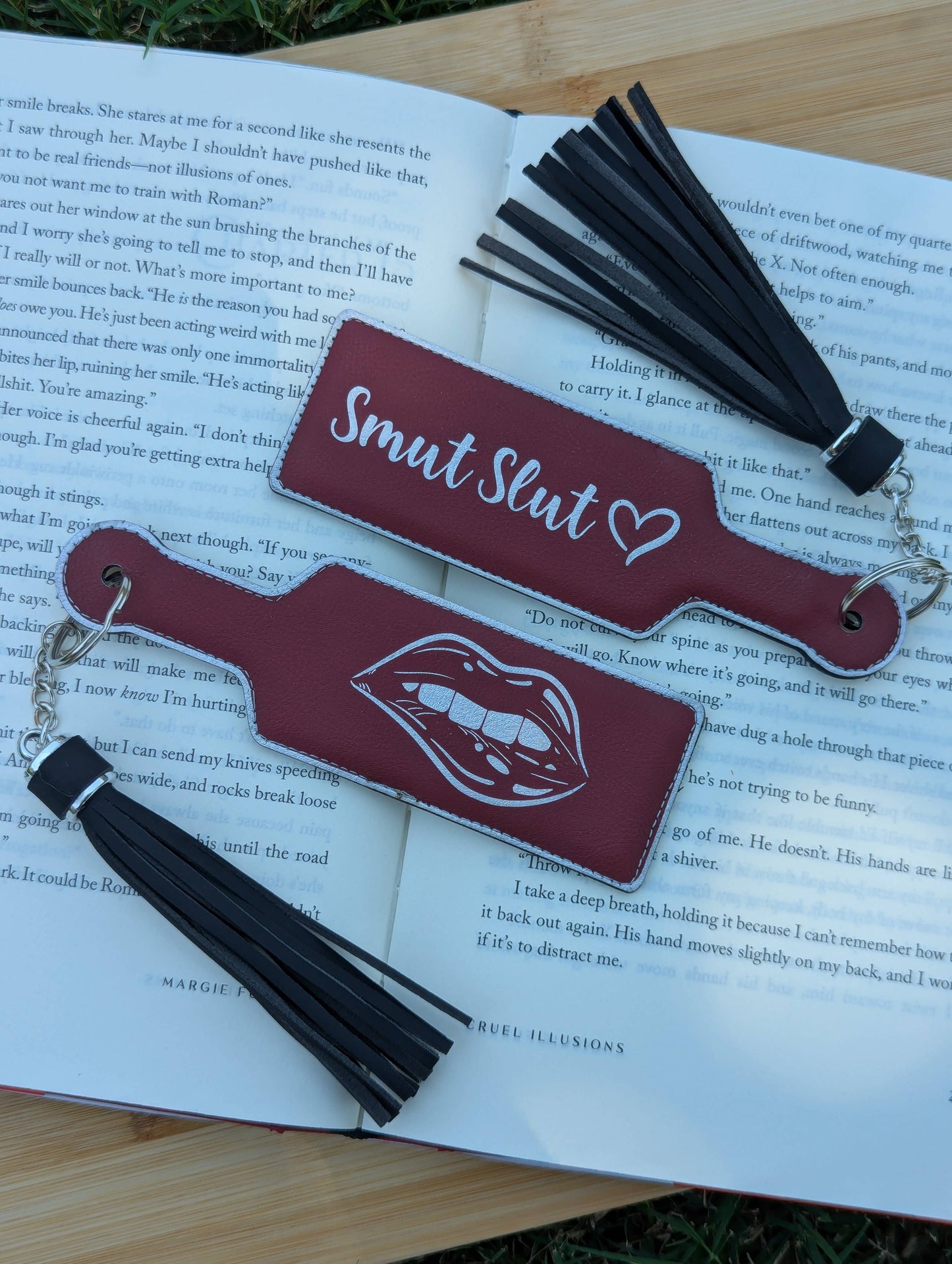 Bookish Smut Slut Paddle Faux Leather Bookmark & Keychain: Black/Gold