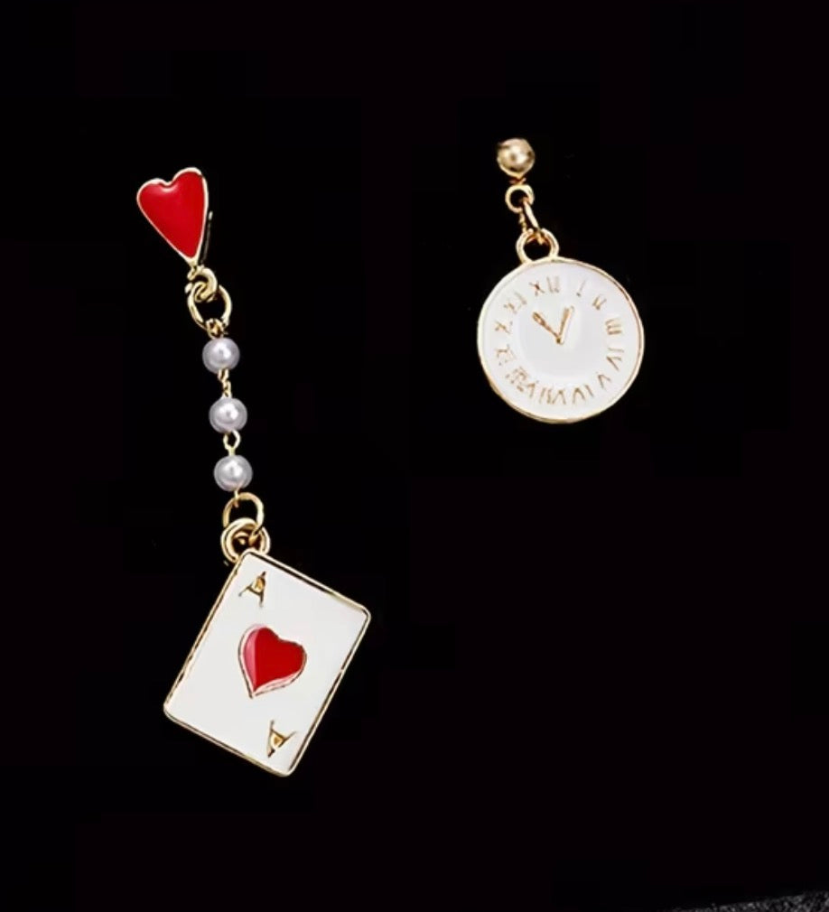 Ace of Hearts Earrings with Clock
