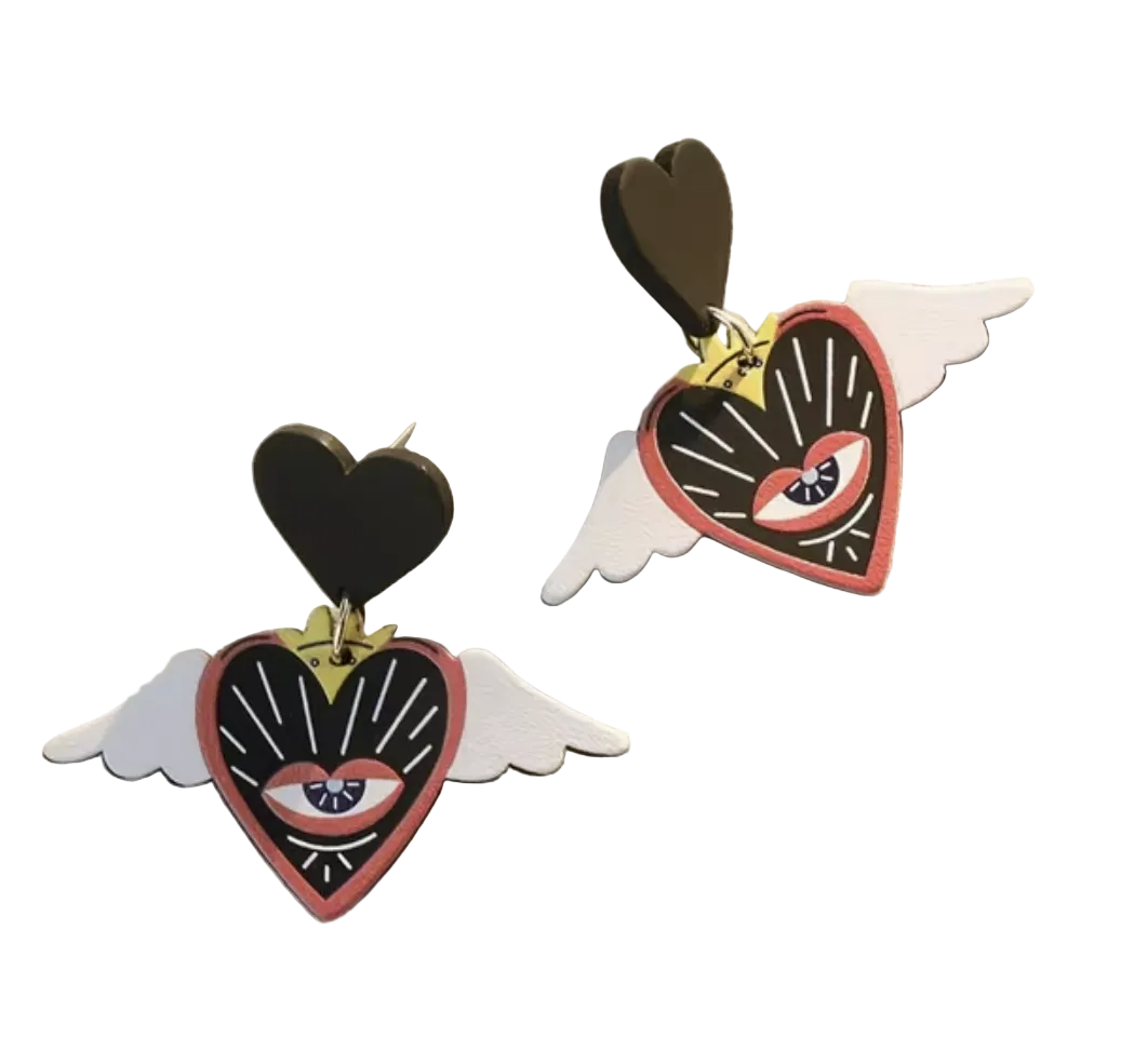 Heart and Eye Abstract Winged Earrings