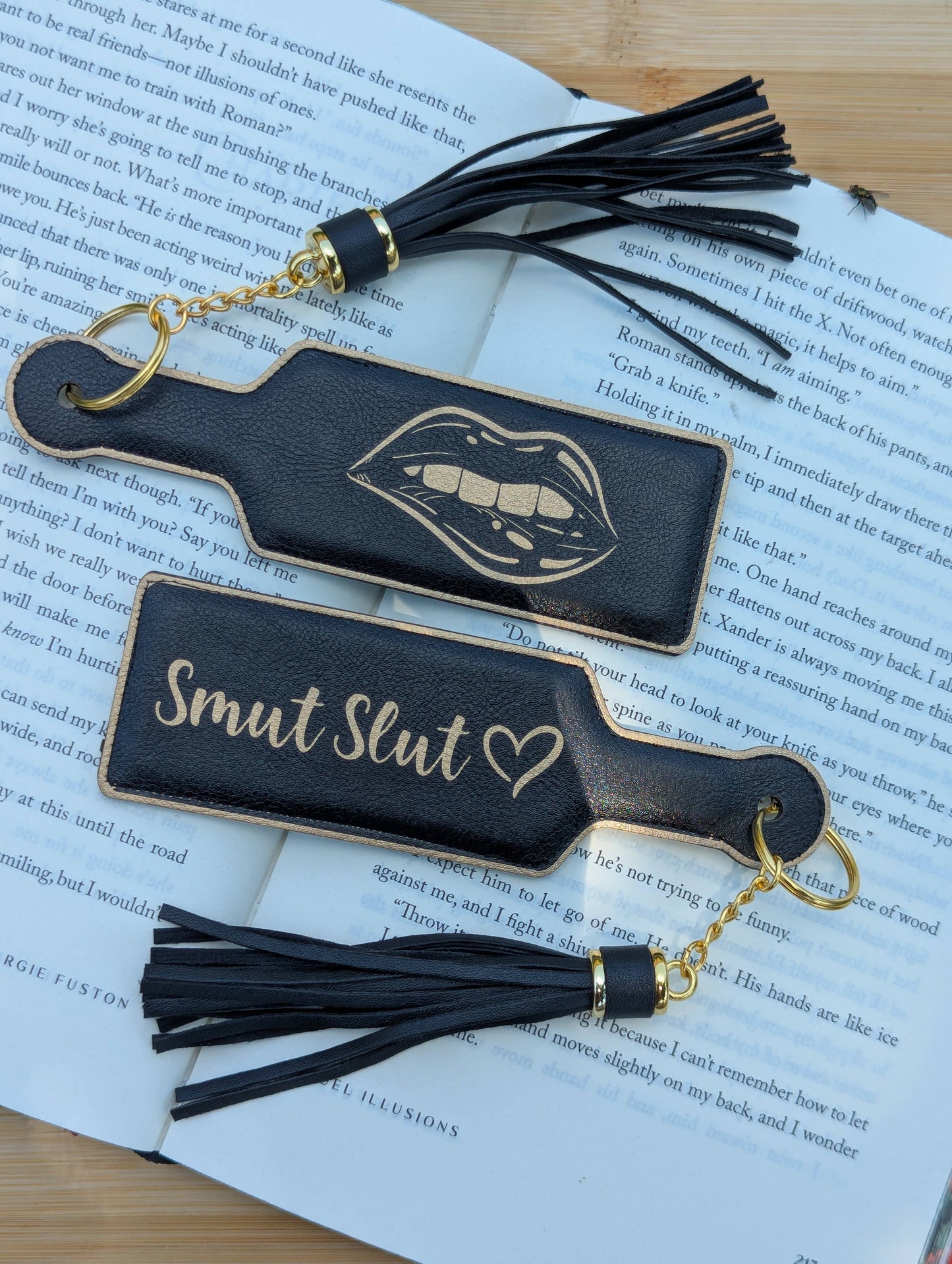 Bookish Smut Slut Paddle Faux Leather Bookmark & Keychain: Black/Gold
