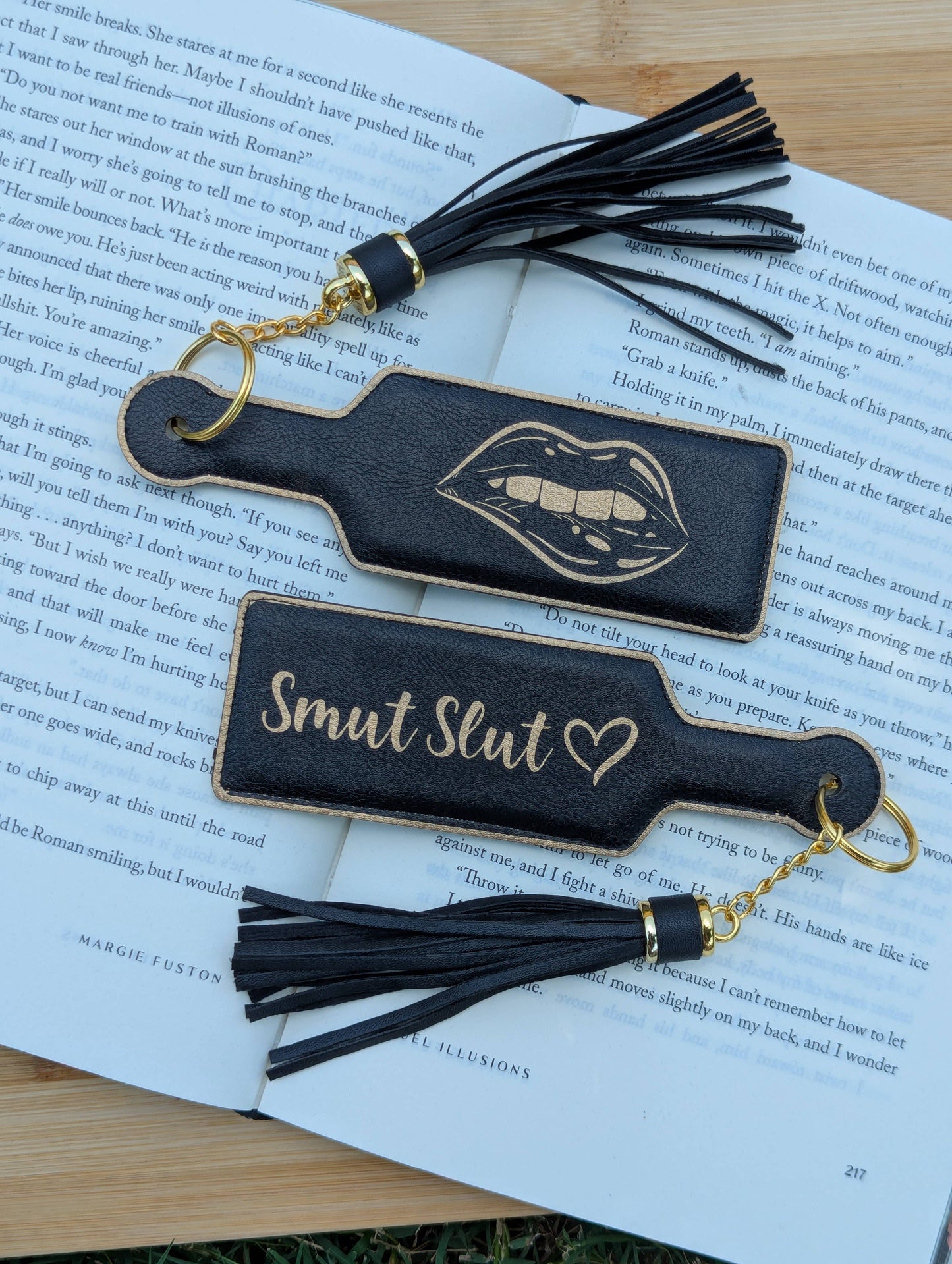 Bookish Smut Slut Paddle Faux Leather Bookmark & Keychain: Black/Gold