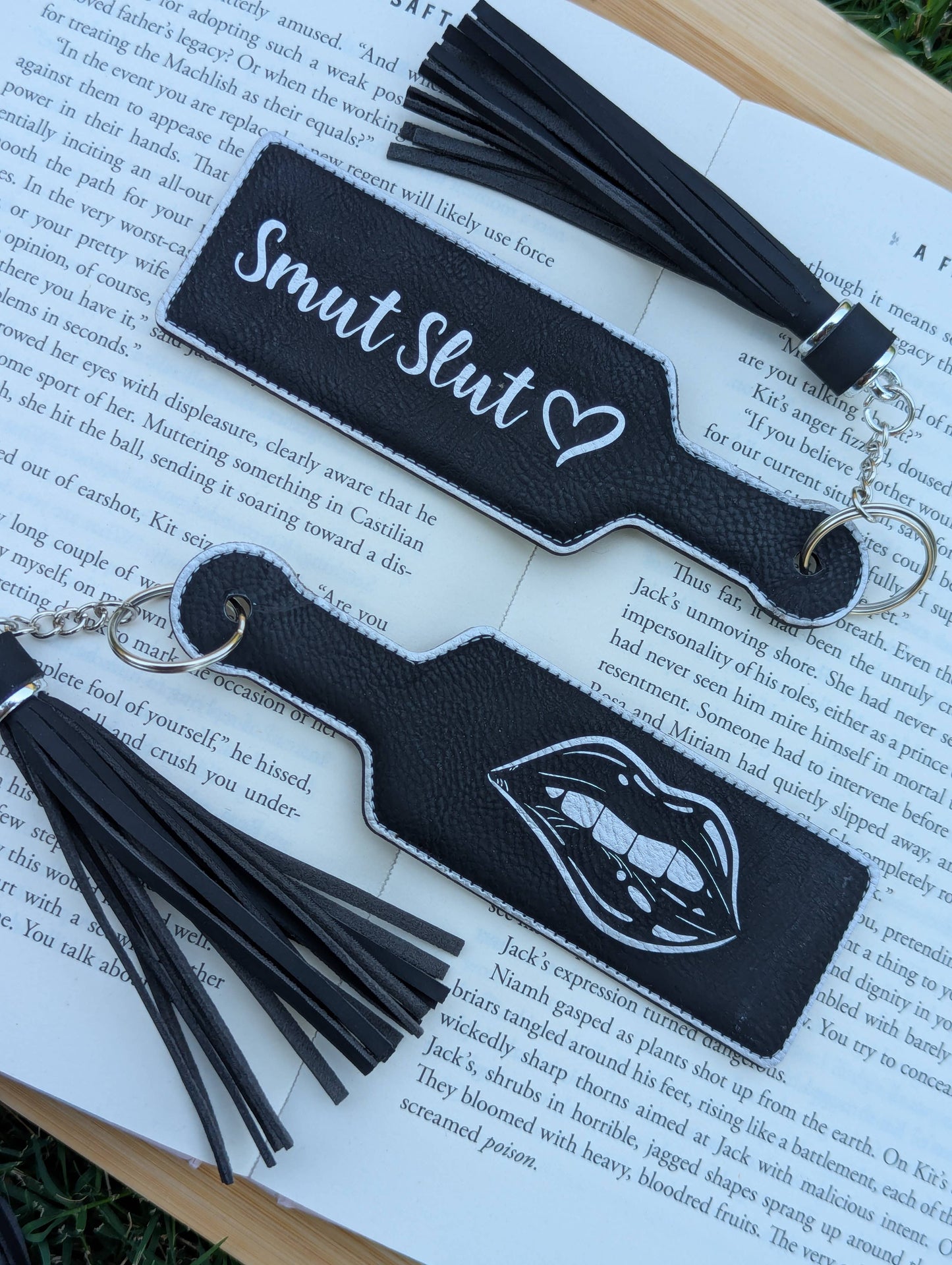 Bookish Smut Slut Paddle Faux Leather Bookmark & Keychain: Black/Gold