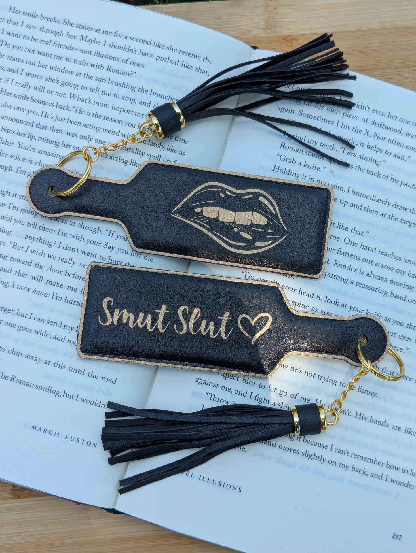 Bookish Smut Slut Paddle Faux Leather Bookmark & Keychain: Black/Gold