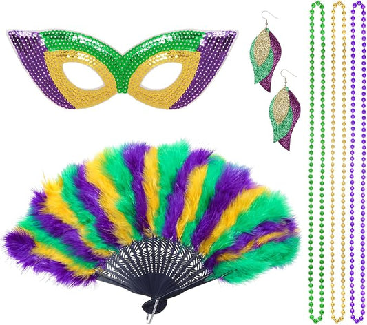 Mardi Gras Feather Fan Mask Earrings Necklaces Kit