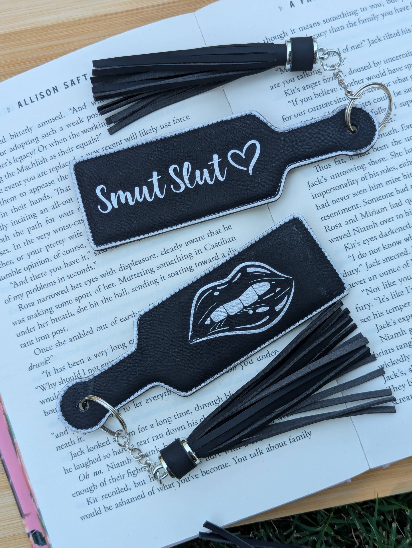 Bookish Smut Slut Paddle Faux Leather Bookmark & Keychain: Black/Gold