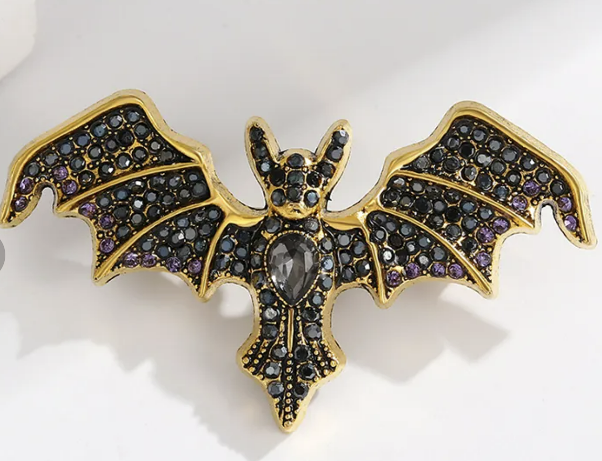 Vintage Bat Brooch Black and Gold Rhinestone