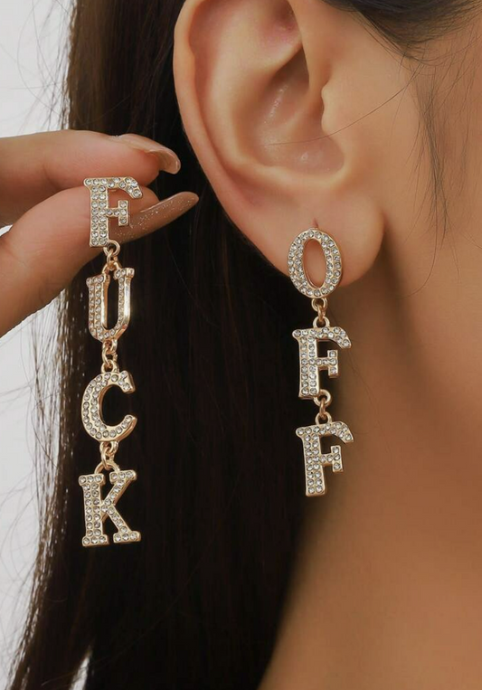 F Off Rhinestone Dangle Earrings