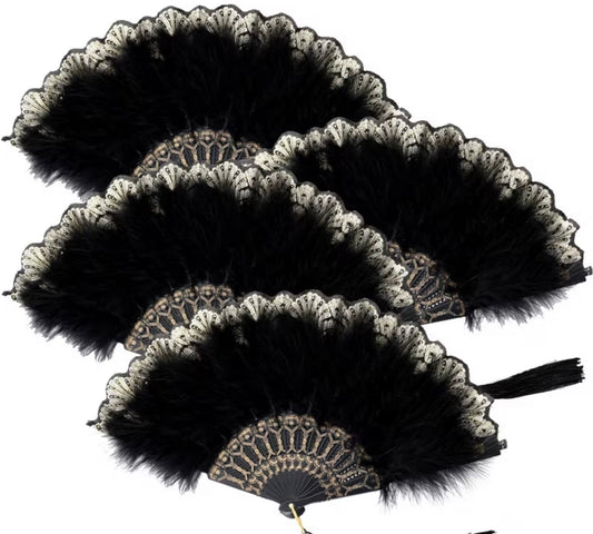 Black Feather and Lace Hand Fan