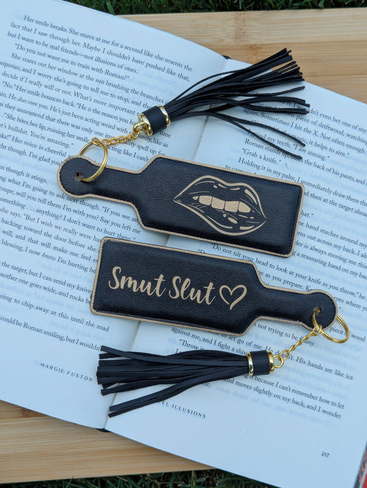 Bookish Smut Slut Paddle Faux Leather Bookmark & Keychain: Black/Gold