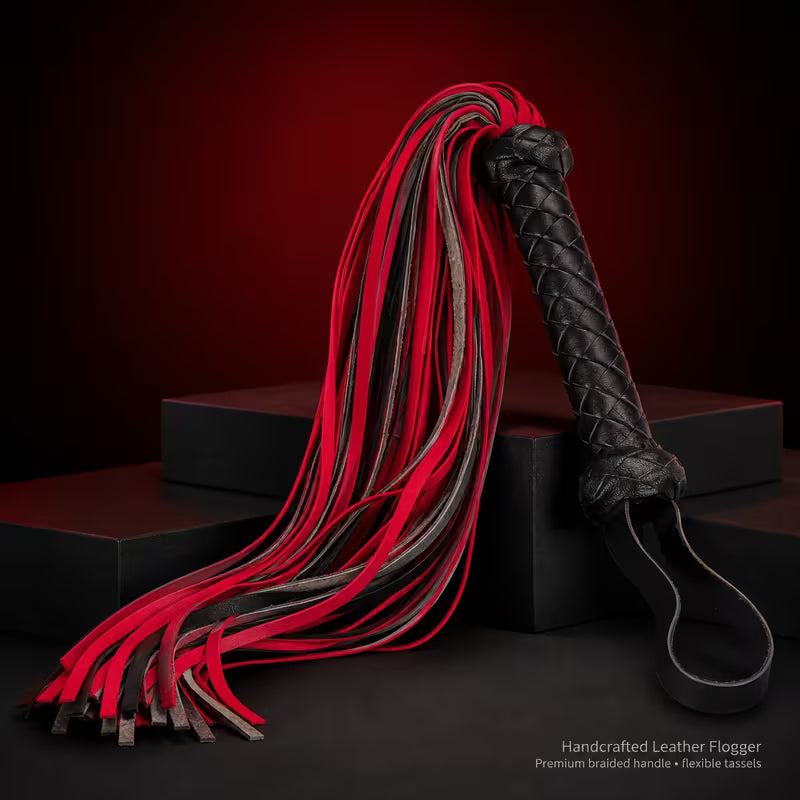 Hand-Braided Red and Black Leather Tassel Flogger
