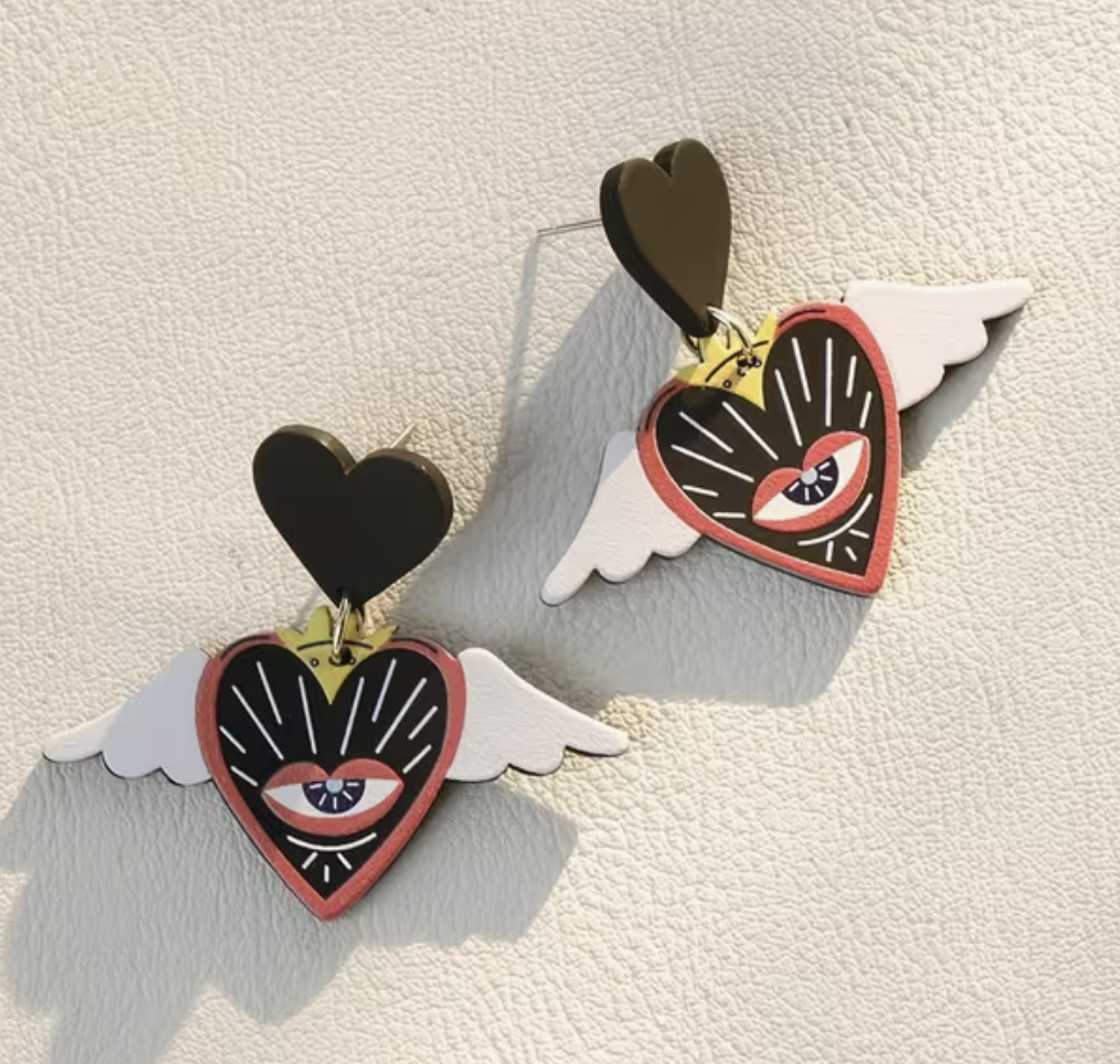 Heart and Eye Abstract Winged Earrings